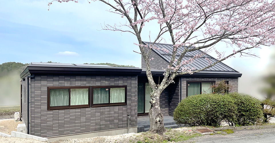 立派な桜の木と平屋の家の外観