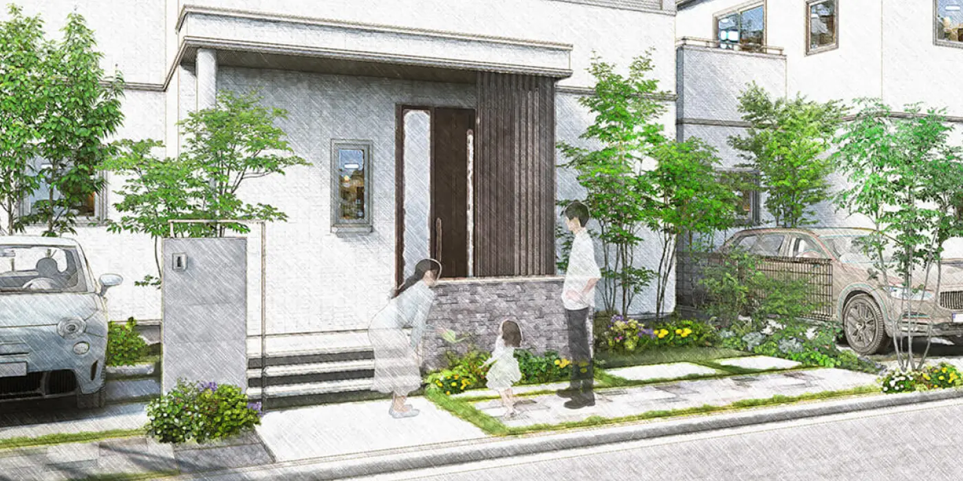 白い建物が並ぶまちなみのイラスト