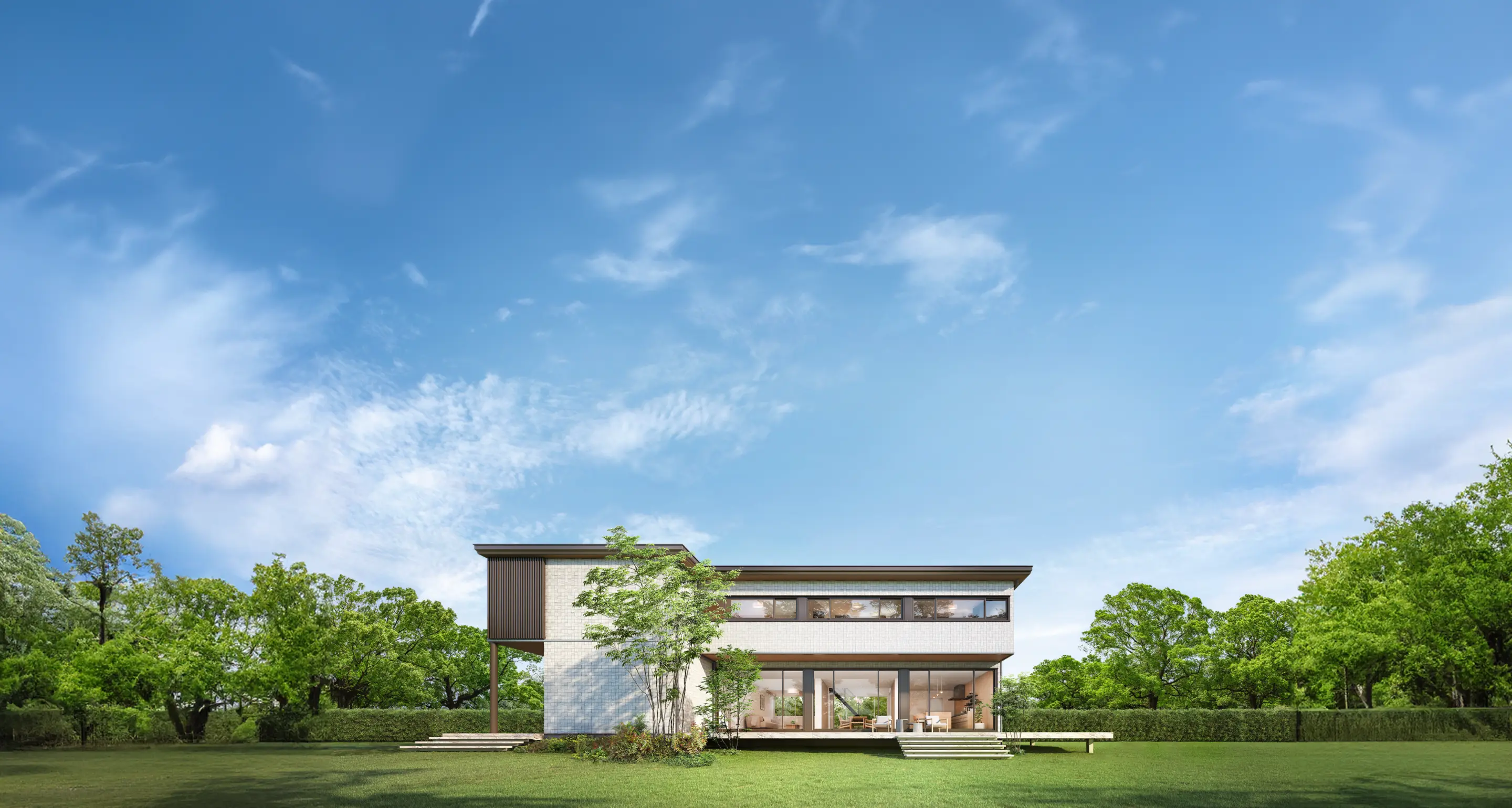 深い軒を持つ、フラットルーフの平屋住宅の外観