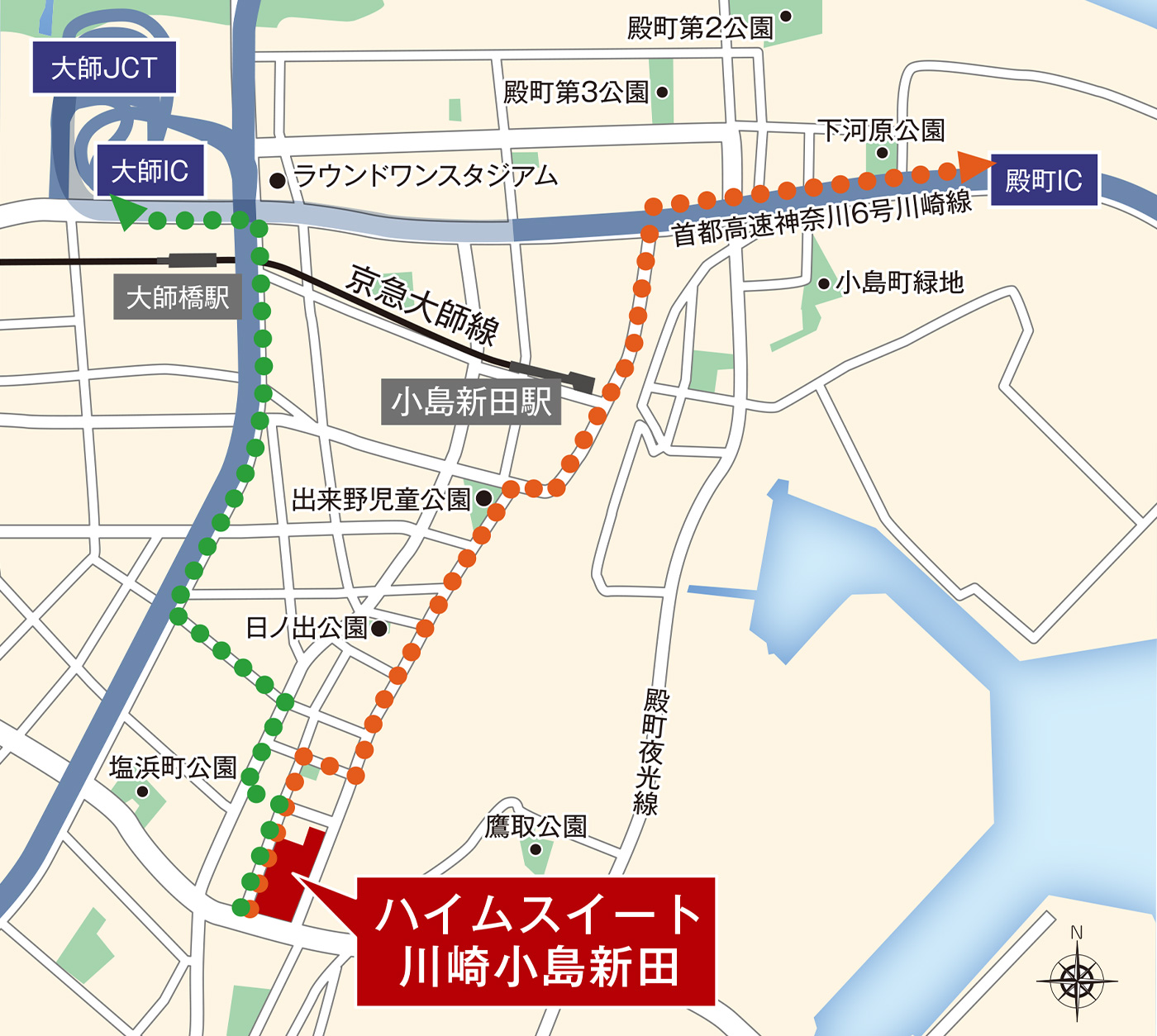 大師ICと殿町ICまでの自動車ルートマップ