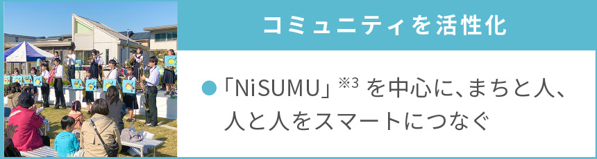 コミュニティを活性化｜●「NiSUMU」※3を中心に、まちと人、人と人をスマートにつなぐ