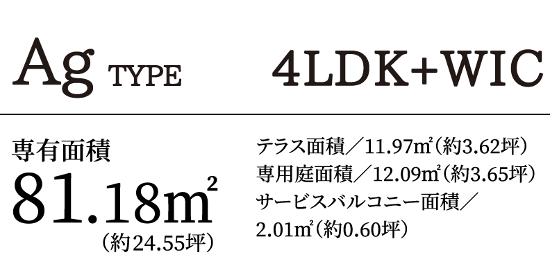 AgTYPE 4LDK+WIC｜専有面積81.18㎡（約24.55坪）テラス面積／11.97㎡（約3.62坪）専用庭面積／12.09㎡（約3.65坪）サービスバルコニー面積／2.01㎡（約0.60坪）