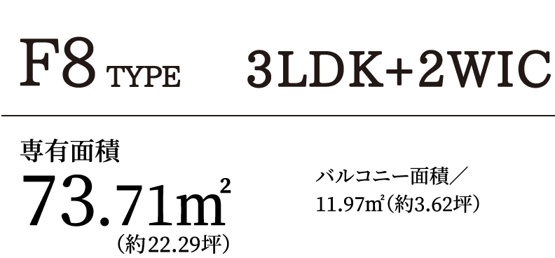 F8 TYPE 3LDK+2WIC｜専有面積73.71㎡（約22.29坪）バルコニー面積／11.97㎡（約3.62坪）