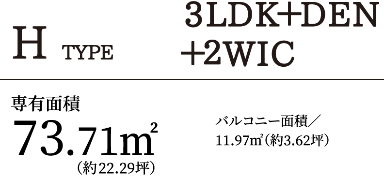 H TYPE 3LDK＋DEN＋2WIC｜専有面積73.71㎡（約22.29坪）バルコニー面積／11.97㎡（約3.62坪）