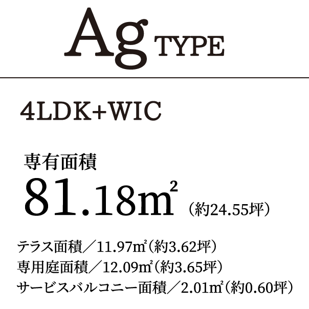 AgTYPE 4LDK+WIC｜専有面積81.18㎡（約24.55坪）テラス面積／11.97㎡（約3.62坪）専用庭面積／12.09㎡（約3.65坪）サービスバルコニー面積／2.01㎡（約0.60坪）