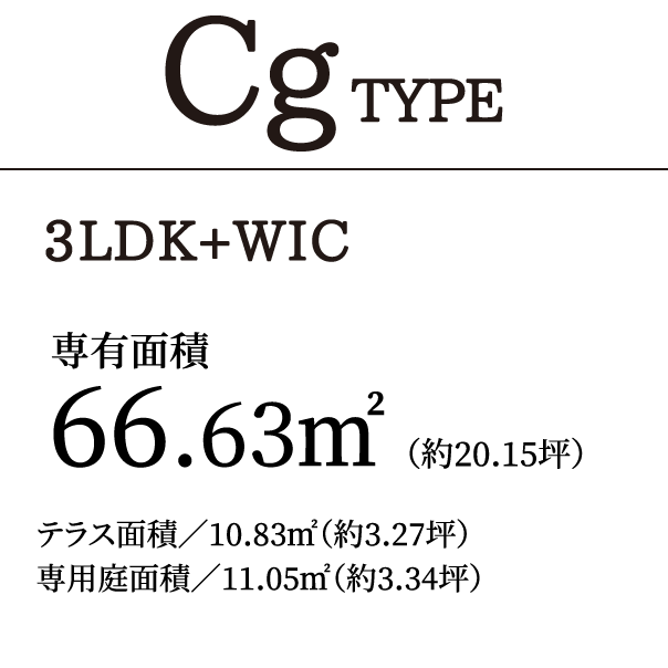 CgTYPE 3LDK+WIC｜専有面積66.63㎡（約20.15坪）テラス面積／10.83㎡（約3.27坪）専用庭面積／11.05㎡（約3.34坪）