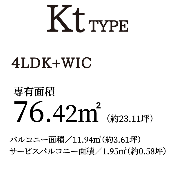 KtTYPE 4LDK＋WIC｜専有面積76.42㎡（約23.11坪）バルコニー面積／11.94㎡（約3.61坪）サービスバルコニー面積／1.95㎡（約0.58坪）