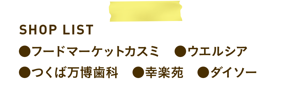 SHOP LIST　●フードマーケットカスミ　●ウエルシア　●つくば万博歯科　●幸楽苑　●ダイソー