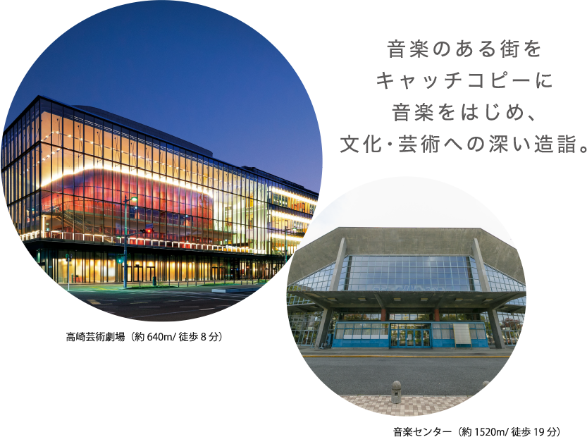 音楽のある街をキャッチコピーに音楽をはじめ、文化・芸術への深い造詣。高崎芸術劇場（約640m/徒歩8分）群馬音楽センター（約1520m/徒歩19分）