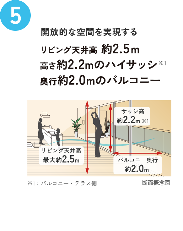 開放的な空間を実現するリビング天井高 約2.5ｍ 高さ約2.2mのハイサッシ 奥行約2.0mのバルコニー