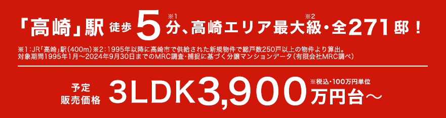 「高崎」駅 徒歩5分、高崎エリア最大級・全271邸！